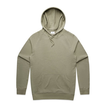 A sage green hoodie with a front pocket and a drawstring hood. It features a logo on the label.