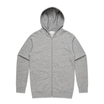 A grey zip-up hoodie featuring a hood and long sleeves, with a small logo on the chest.