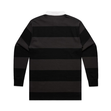 A back view of a Rugby Stripe T-shirt featuring black and grey horizontal stripes, with a white collar and a logo. A back view of a Rugby Stripe T-shirt featuring black and grey horizontal stripes, with a white collar and a logo.