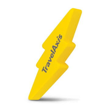 A yellow stress shape in the form of a lightning bolt, featuring the text "TravelAxis" printed on it. A yellow stress shape in the form of a lightning bolt, featuring the text "TravelAxis" printed on it.