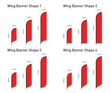 Four designs of medium double-sided wing banner skins in red, displaying different shapes and dimensions. Each has a logo. Four designs of medium double-sided wing banner skins in red, displaying different shapes and dimensions. Each has a logo.