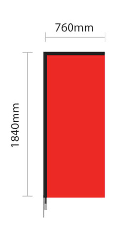 A red double-sided wing banner with dimensions of 1840mm by 760mm. It includes a branding logo. A red double-sided wing banner with dimensions of 1840mm by 760mm. It includes a branding logo.