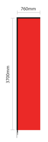 A large double-sided wing banner with a red design, measuring 760mm by 3700mm, featuring branding. A large double-sided wing banner with a red design, measuring 760mm by 3700mm, featuring branding.