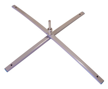 A light silver swivel base with a cross design and a central pole for stability. Features a simple logo. A light silver swivel base with a cross design and a central pole for stability. Features a simple logo.