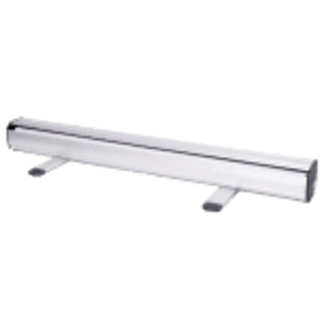 A pull-up banner stand in silver, designed for displaying promotional graphics. It features a clean and sleek design. A pull-up banner stand in silver, designed for displaying promotional graphics. It features a clean and sleek design.