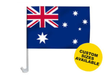 A car flag featuring the Australian flag design, with a white plastic holder. Custom sizes available. A car flag featuring the Australian flag design, with a white plastic holder. Custom sizes available.
