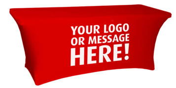 A red table cover designed for a four-foot table, featuring a space for a logo or message.