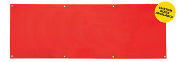 A bright red single-sided vinyl banner measuring 3000mm x 1000mm with a logo and eyelet fixings. A bright red single-sided vinyl banner measuring 3000mm x 1000mm with a logo and eyelet fixings.