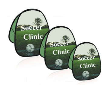 Three green pop-up banners featuring a soccer ball and a landscape with trees, displaying the words "Soccer Clinic." Three green pop-up banners featuring a soccer ball and a landscape with trees, displaying the words "Soccer Clinic."