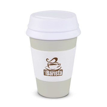 A stress coffee cup in light green and white with a branded sleeve and a white lid. A stress coffee cup in light green and white with a branded sleeve and a white lid.