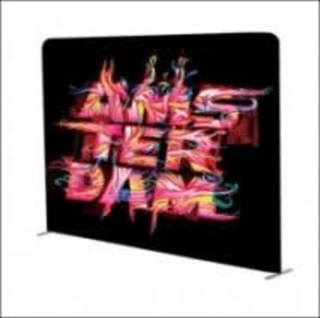 A tension fabric display with a black background featuring vibrant multi-coloured graphics and a logo.
