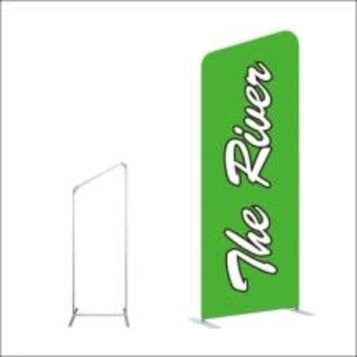 A green tension fabric display with a white logo on a frame. Features an angled top design. A green tension fabric display with a white logo on a frame. Features an angled top design.