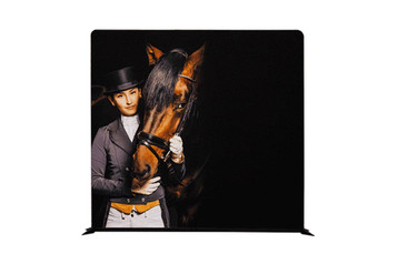 A multi-purpose floor display featuring a woman in equestrian attire with a horse, set against a black background. A multi-purpose floor display featuring a woman in equestrian attire with a horse, set against a black background.