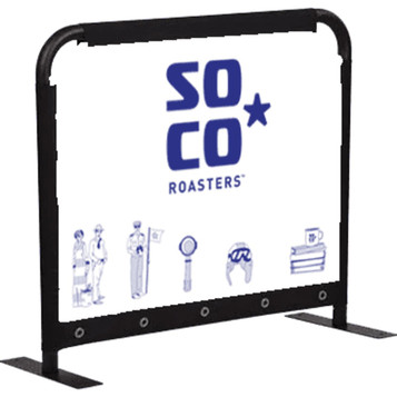 A café barrier with a black frame and a printed graphic featuring illustrations and branding elements. A café barrier with a black frame and a printed graphic featuring illustrations and branding elements.