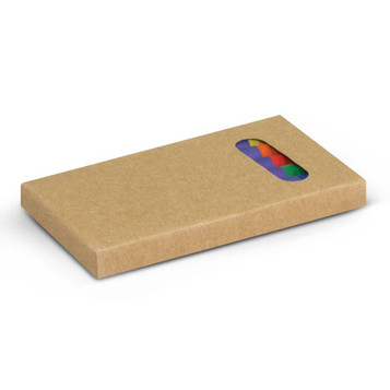 A box containing a set of multicoloured crayons, packaged in a simple brown cardboard casing. A box containing a set of multicoloured crayons, packaged in a simple brown cardboard casing.