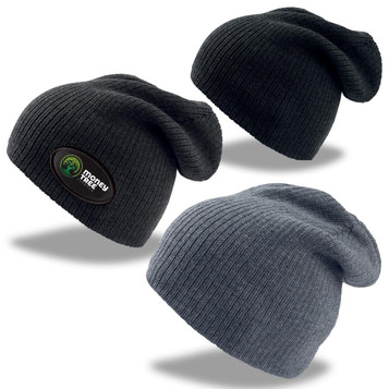 A collection of three beanies in black and grey, featuring a logo on one of the black beanies. A collection of three beanies in black and grey, featuring a logo on one of the black beanies.