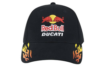 A black cap featuring a logo, with orange and yellow flame designs on the brim.