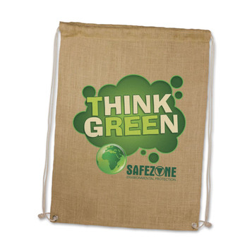 A jute drawstring backpack featuring the slogan "THINK GREEN" and a globe graphic, promoting environmental protection.