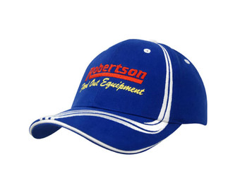 A blue cap with waving stripes on the crown and peak, featuring a logo and contrasting stitching. A blue cap with waving stripes on the crown and peak, featuring a logo and contrasting stitching.