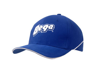 A blue brushed heavy cotton cap featuring white crown piping and a logo on the front. A blue brushed heavy cotton cap featuring white crown piping and a logo on the front.
