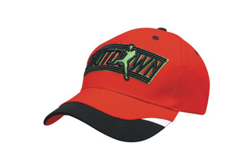 A red cap with a black peak, featuring an embroidered logo and a printed trim.