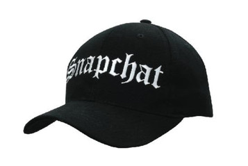A black cap with a curved brim and an embroidered logo on the front. Features a snapback closure.