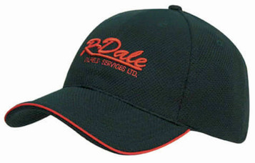 A dark green cap with a red trim and a logo on the front, featuring a mesh design and a curved peak. A dark green cap with a red trim and a logo on the front, featuring a mesh design and a curved peak.