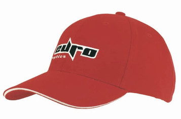 A red brushed heavy cotton cap with sandwich trim and a logo on the front. A red brushed heavy cotton cap with sandwich trim and a logo on the front.