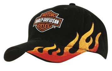 A black cap with flame embroidery in red and orange, featuring a logo on the front.