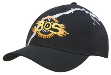 A black brushed heavy cotton cap featuring lightening bolt embroidery and a decorative logo.