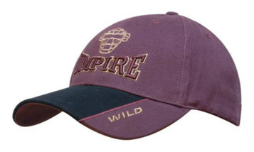 A cap in purple and navy blue with a logo and embroidered text. Features an indent peak design.