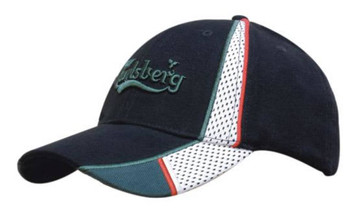 A navy cap with peak and crown mesh inserts, featuring contrasting green and red accents and a logo.