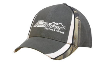 A cap featuring a dark grey crown and camouflaged peak, with a logo on the front.