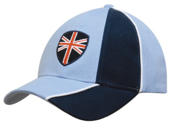 A light blue and navy cap with contrasting piping and a logo on the front. A light blue and navy cap with contrasting piping and a logo on the front.