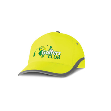 A vibrant yellow cap featuring a logo that reads "The Golfers Club," with a contrasting gray visor and trim. A vibrant yellow cap featuring a logo that reads "The Golfers Club," with a contrasting gray visor and trim.