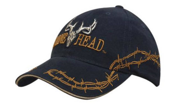 A navy cap featuring a barbed-wire design and embroidery, with a logo on the front.