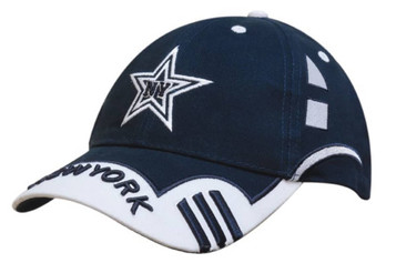 A navy blue cap with a star design, embroidered side panels, and a peak indent. Features a logo. A navy blue cap with a star design, embroidered side panels, and a peak indent. Features a logo.