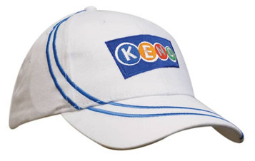 A white cap with blue embroidery featuring a logo. The design includes curved lines on the bill.