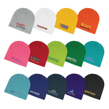 A variety of beanies in multiple colours, each featuring a different logo or branding. A variety of beanies in multiple colours, each featuring a different logo or branding.