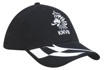 A black cap with a check pattern and an embroidered logo on the peak. A black cap with a check pattern and an embroidered logo on the peak.
