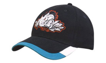 A black cap with a two-tone peak trim in turquoise, featuring an embroidered design on the front and a logo.