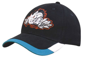 A black cap with a two-tone peak trim, featuring an embroidered design on the front and a logo. A black cap with a two-tone peak trim, featuring an embroidered design on the front and a logo.