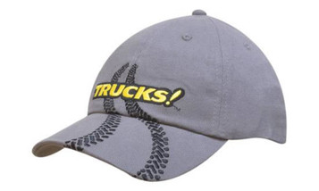 A grey cap with tyre track embroidery and a logo on the front. Features a curved brim and fabric construction.