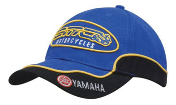 A blue cap with yellow trim and piping, featuring a logo and a black brim.