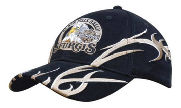 A black cap with sickle embroidery and a logo on the front, featuring tribal design elements.