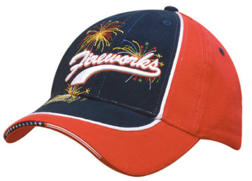 A dual-coloured cap featuring navy and red panels, with white piping and star decorations. Includes an embroidered logo.