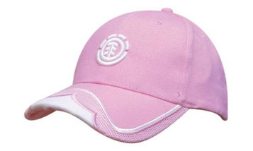 A pink cap featuring a mesh insert on the peak and embroidered trim, with a logo on the front.