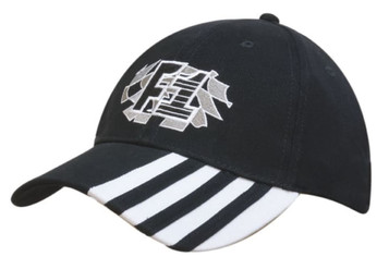 A black cap with a laminated peak and striped inserts, featuring a logo on the front. A black cap with a laminated peak and striped inserts, featuring a logo on the front.