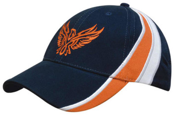 A navy blue cap with orange and white accents and an embroidered logo on the front. A navy blue cap with orange and white accents and an embroidered logo on the front.