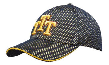 A navy cap with a mesh design and contrasting yellow stitching, featuring a logo on the front.